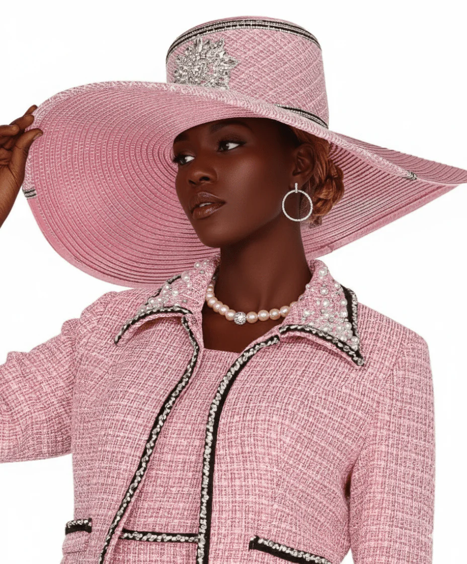 Elegant Wide Brim Pink Church Hat Embellished Designer Women's Special Occasion Headwear