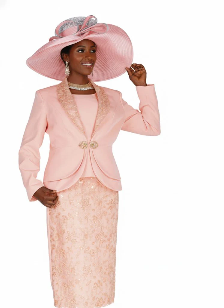 Elite Champagne 6251-PK Pink Floral Three-Piece Skirt Suit with Rhinestone Clasp
