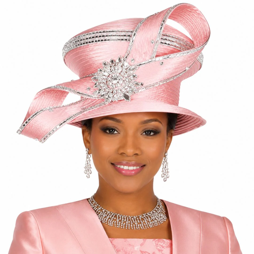 Elite Champagne Peach Sculpted Church Hat with Grand Rhinestone Brooch - H6270