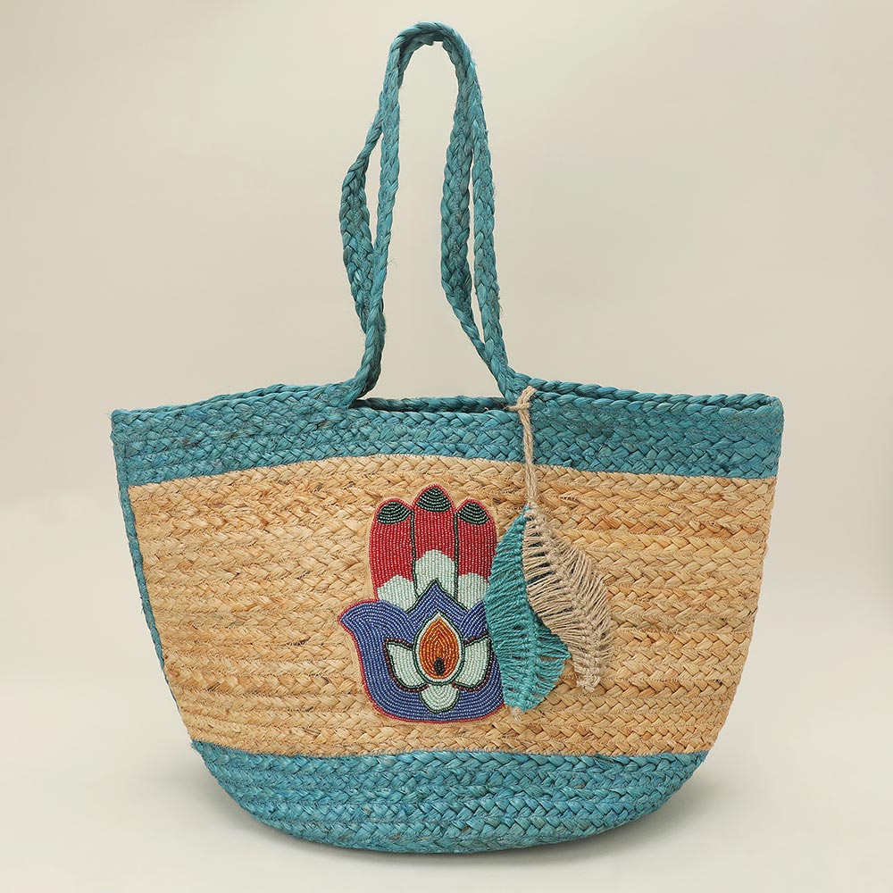 Embroidered Hamsa Hand Motif Accent Leaf Bag Charm Straw Woven Shoulder Tote Bag - Image 4