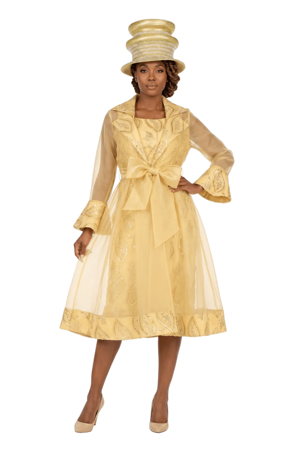 Embroidered Mesh 2pc A-Line Jacket Dress w/ Belt