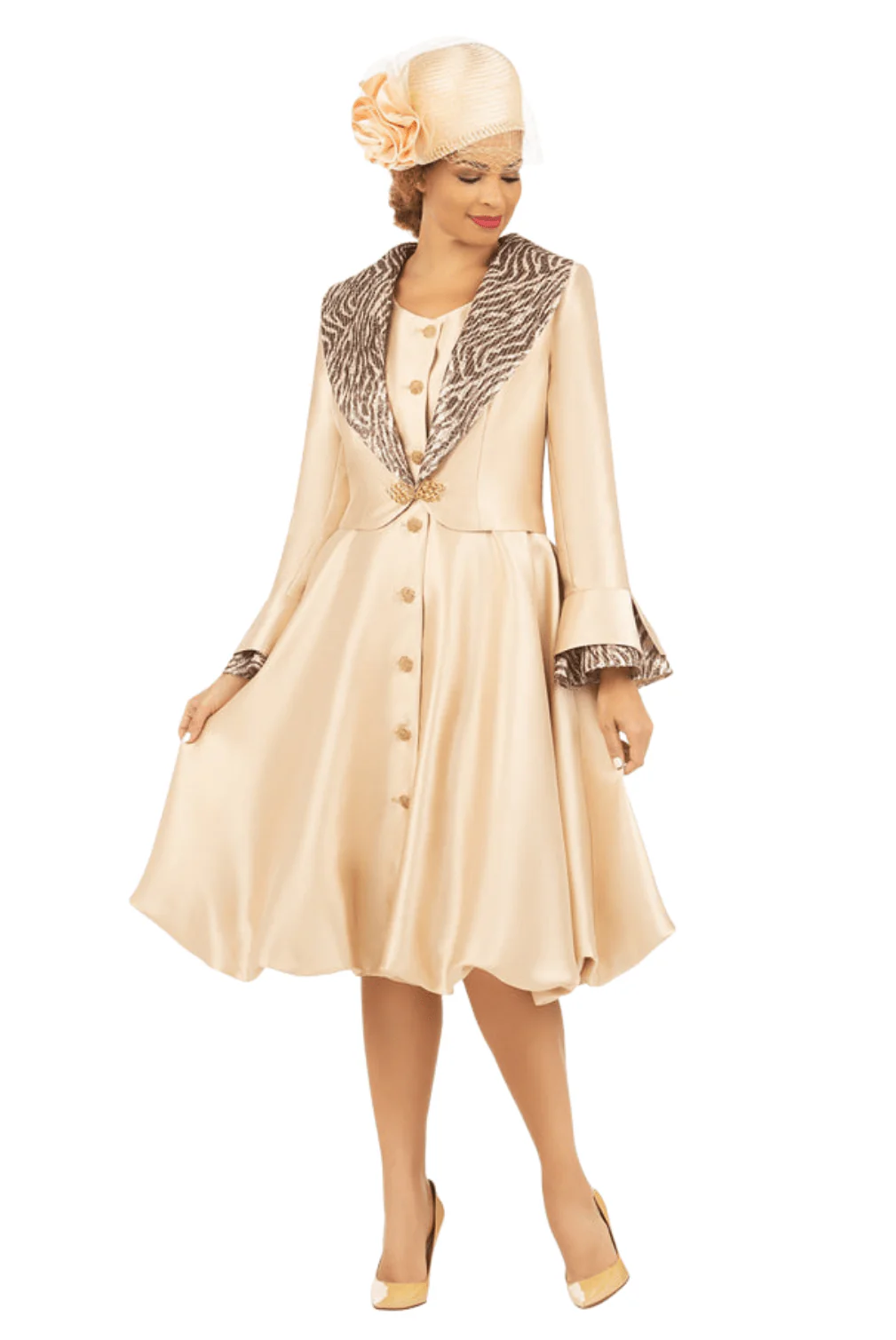 Faux 2pc Silky Twl + Sequined Collar Coat Dress