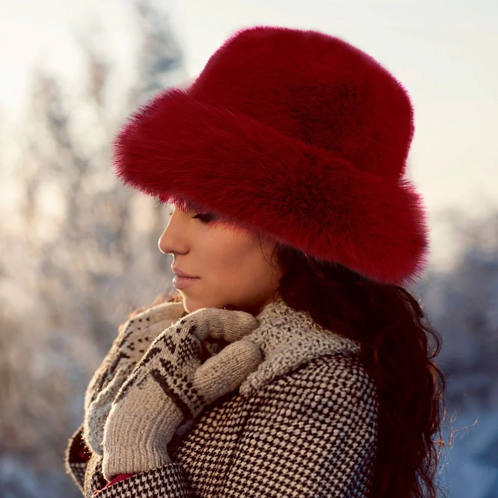 Faux Fur Russian Style Plush Bucket Hat - Image 9