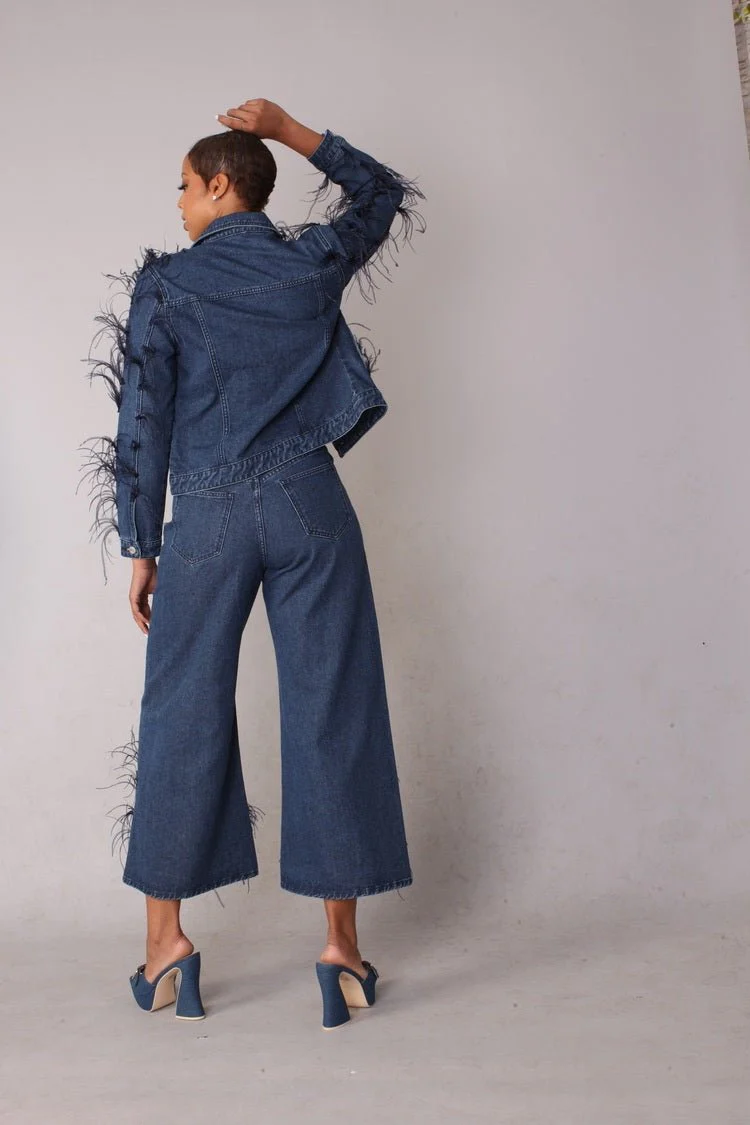Feather Trim Wide Leg Jeans - 82304 - Image 2