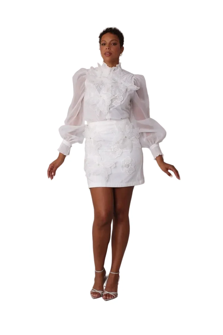 Floral Embroidered Skirt White Cocktail Skirt - 82683