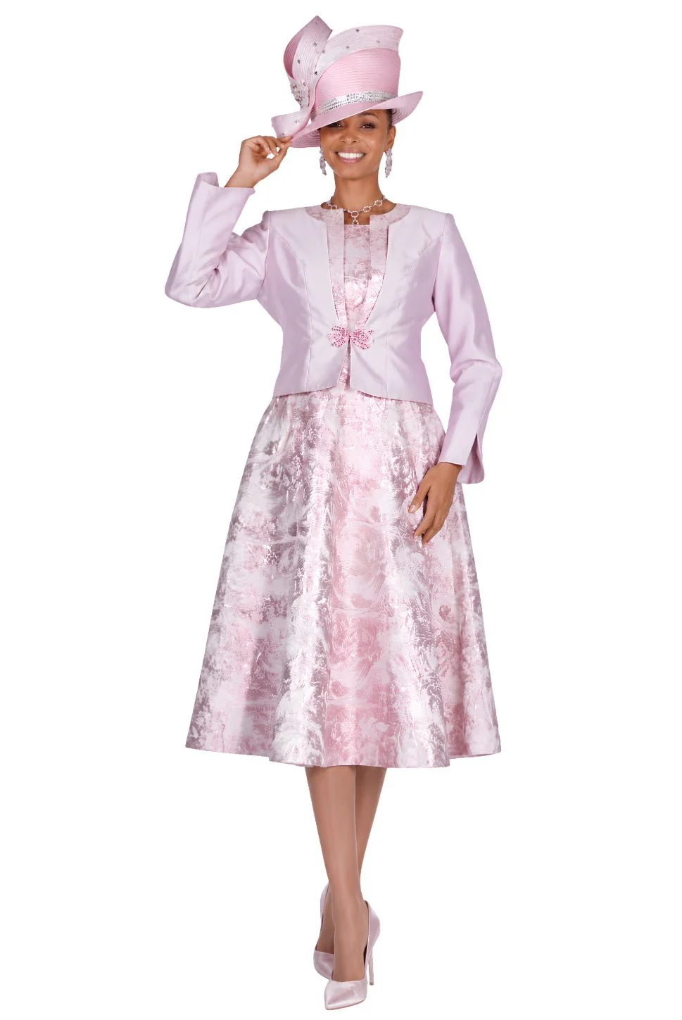 Floral Jacquard Sleeveless A-Line Dress with Cropped Satin Bolero Jacket - 6453