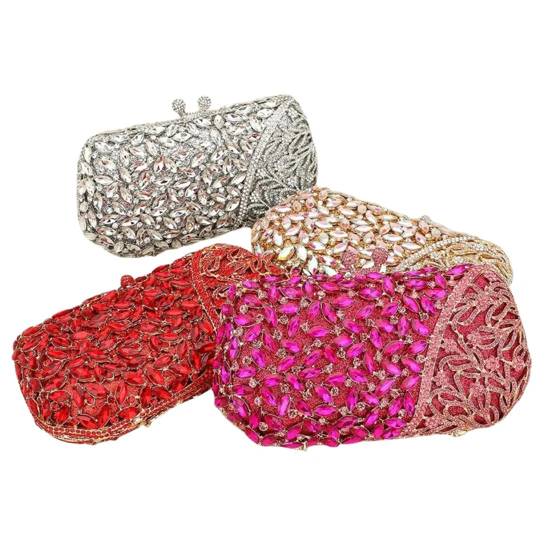 Floral Leaf Crystal Frame Evening Clutch Shoulder Bag - Image 5