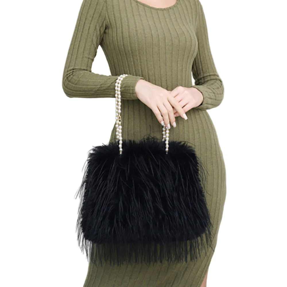 Fluffy Fuzzy Faux Fur Pearl Strap Shoulder Bag