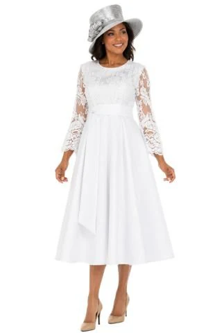 Graceful White Lace Slv Tea-Length Dress-Plus
