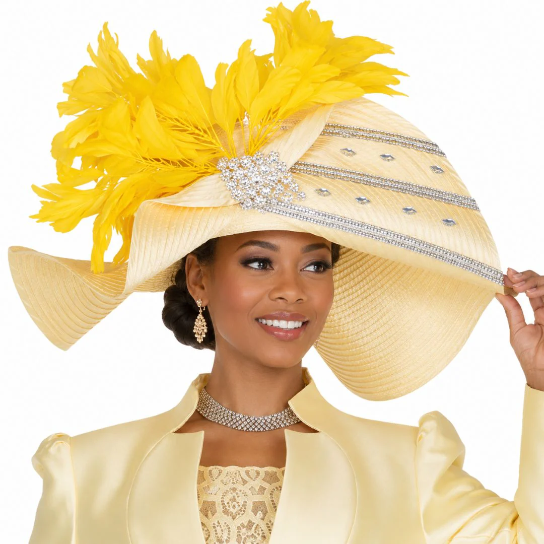 Grand Banana Yellow Wide-Brim Church Hat with Feather & Crystal Accents H6208