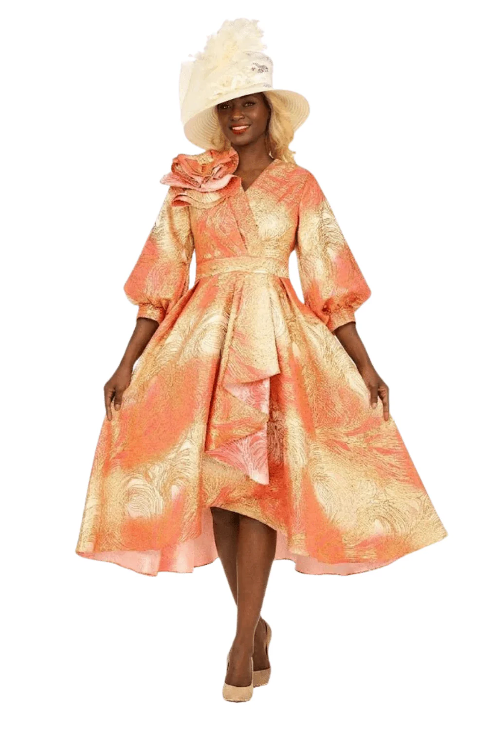 Hi-Lo A-Line Brocade Drs w/ Shoulder Flower-Plus