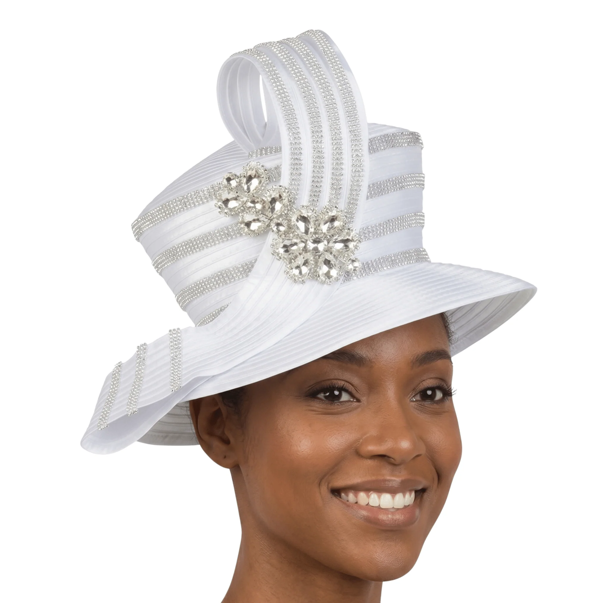 High Crown Rhstn Strip Hat w/ Brooch - Image 2