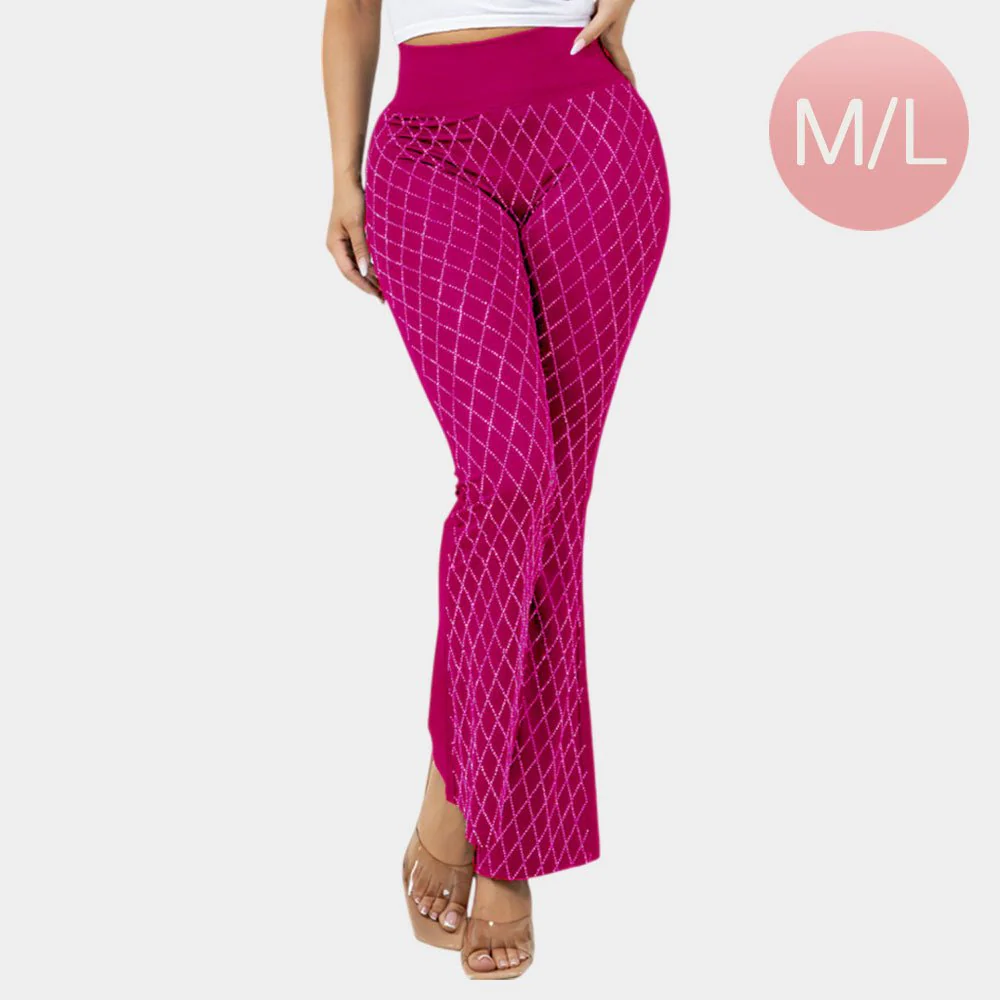 High Waisted Bling Studded Diamond Pattern Flare Leggings - Image 3