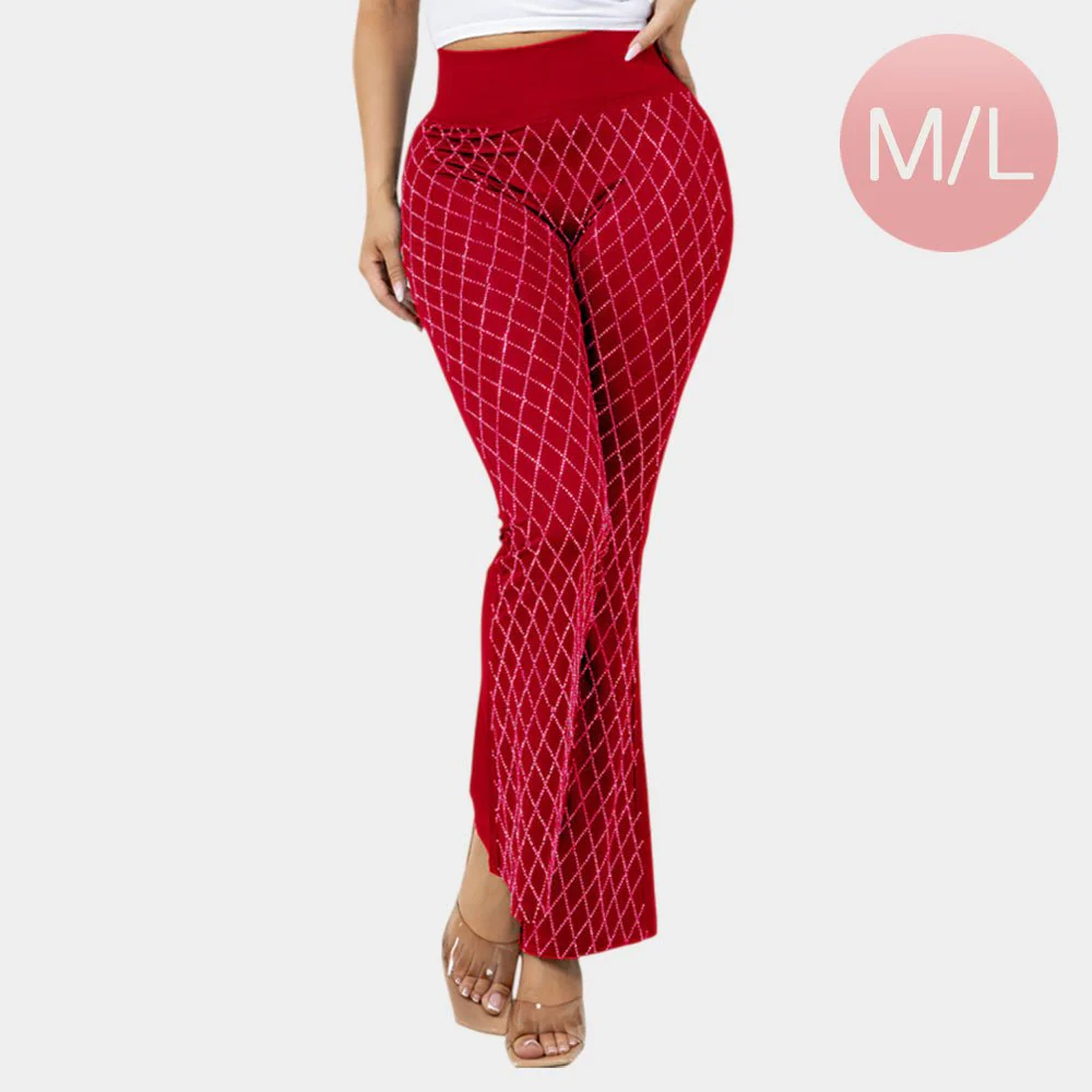 High Waisted Bling Studded Diamond Pattern Flare Leggings - Image 7
