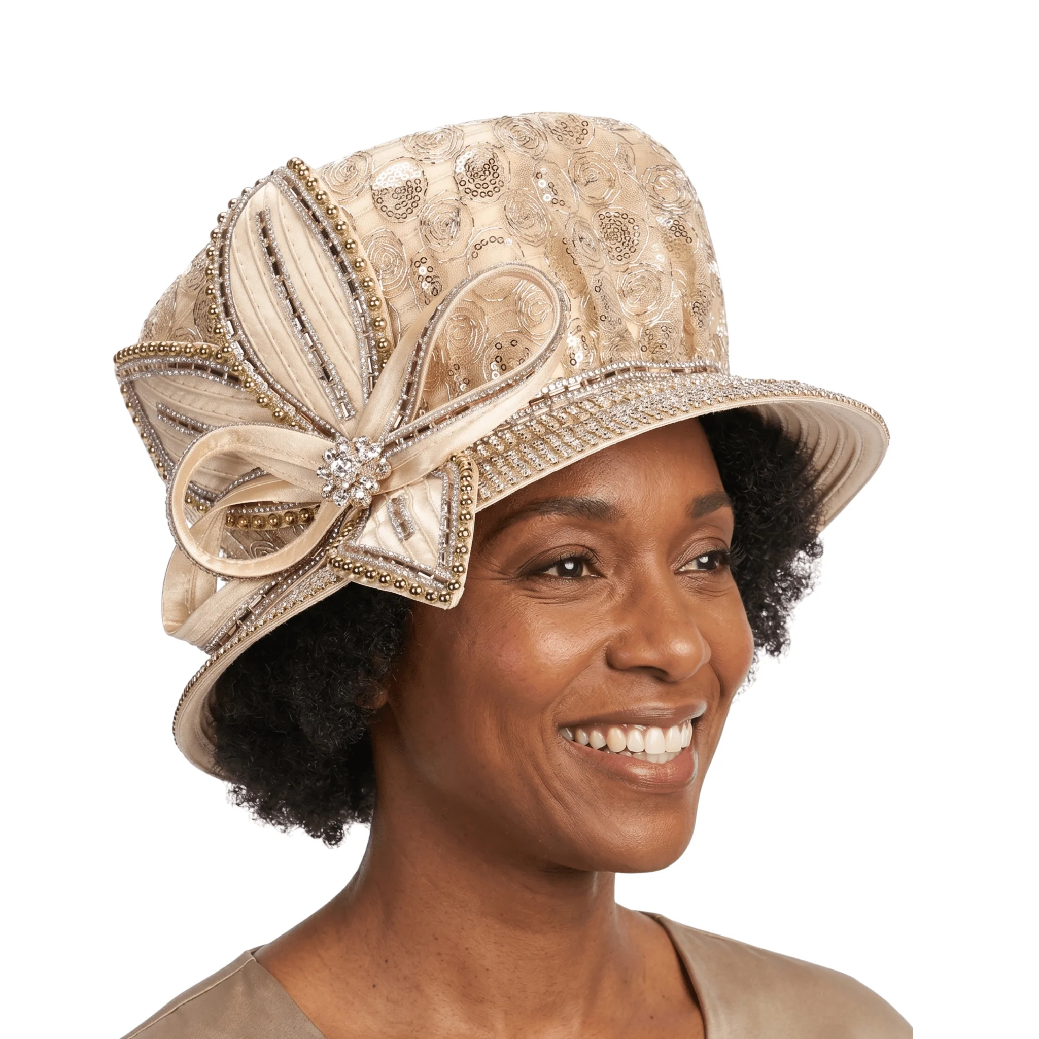 Lace Detail Rhinestone Bow Dress Hat - Image 2