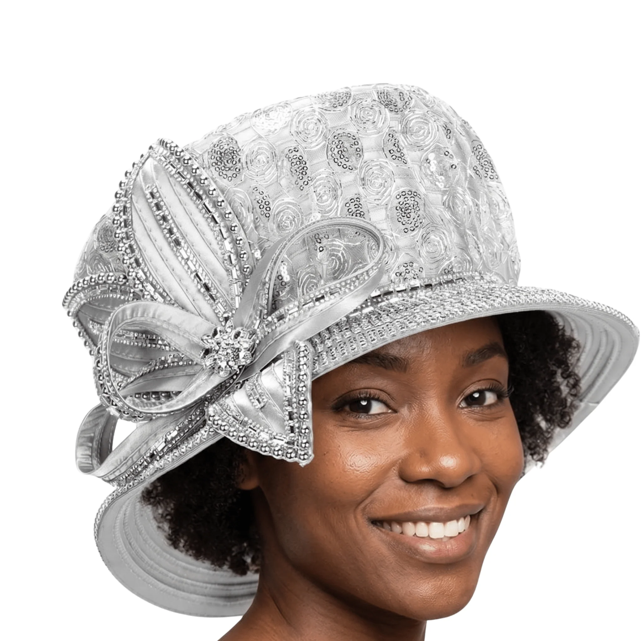 Lace Detail Rhinestone Bow Dress Hat - Image 3