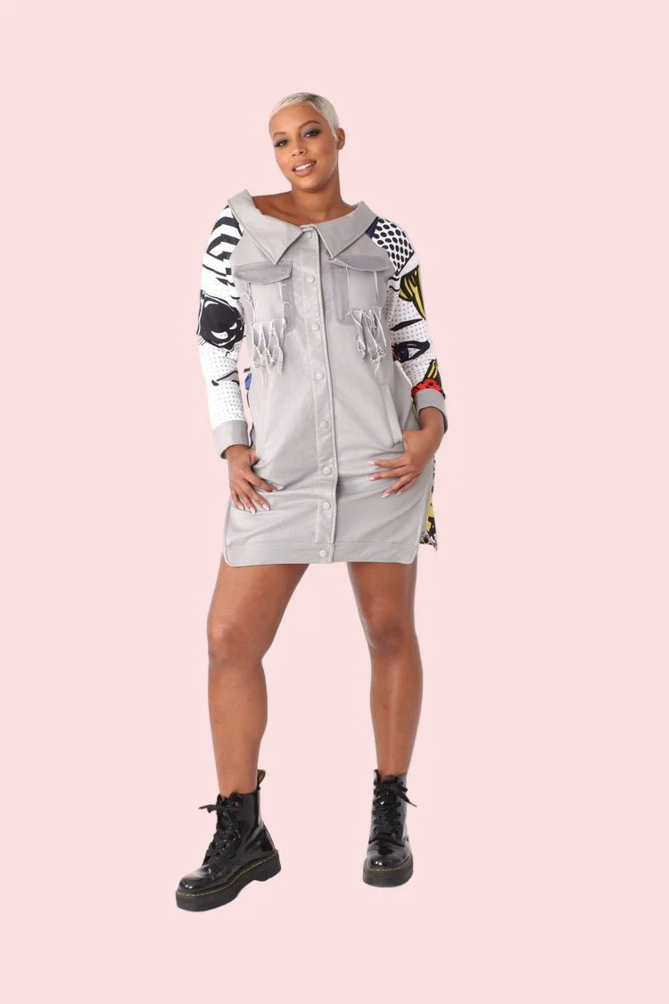 Leather and Printed Sleeve Long Jacket  - 81845 - Image 8
