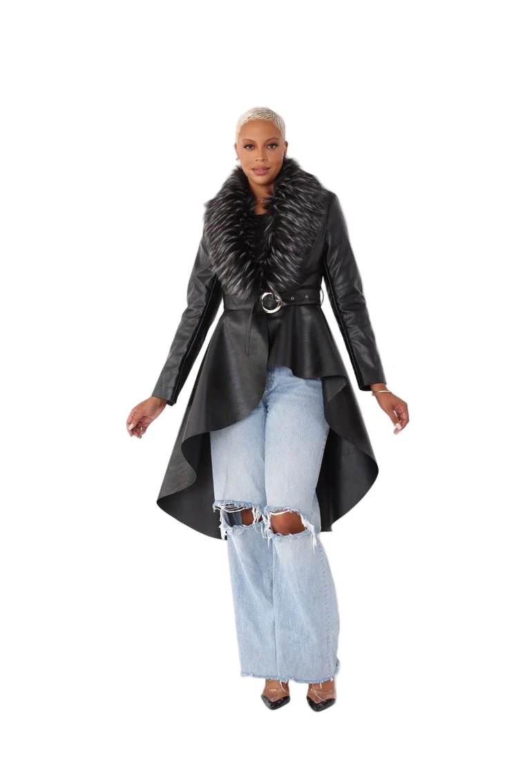 Leather Coat with Fur Collar -82054