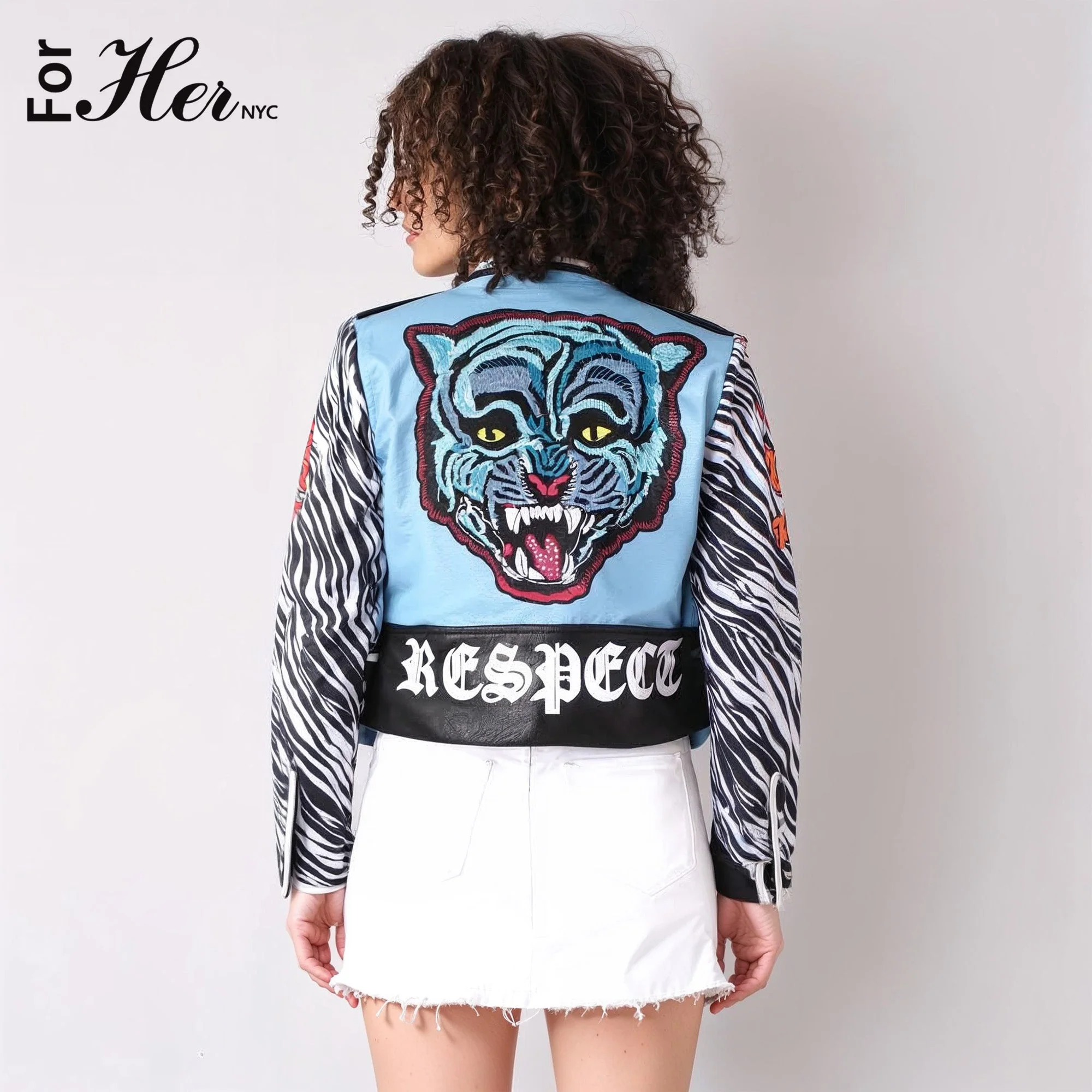 Leather Zebra-Print Moto Jacket with Embroidered Tiger- 81762 - Image 2