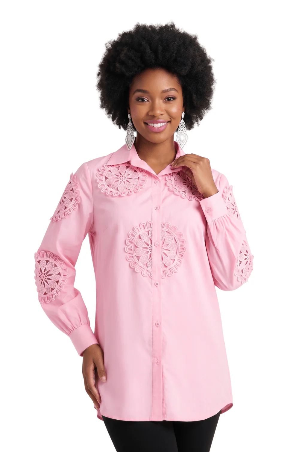 Floral Appliqué Button Front Tunic Blouse by Lily & Taylor
