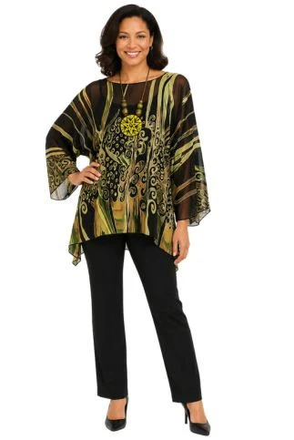 Green Brown Boho Poncho Blouse - Lior