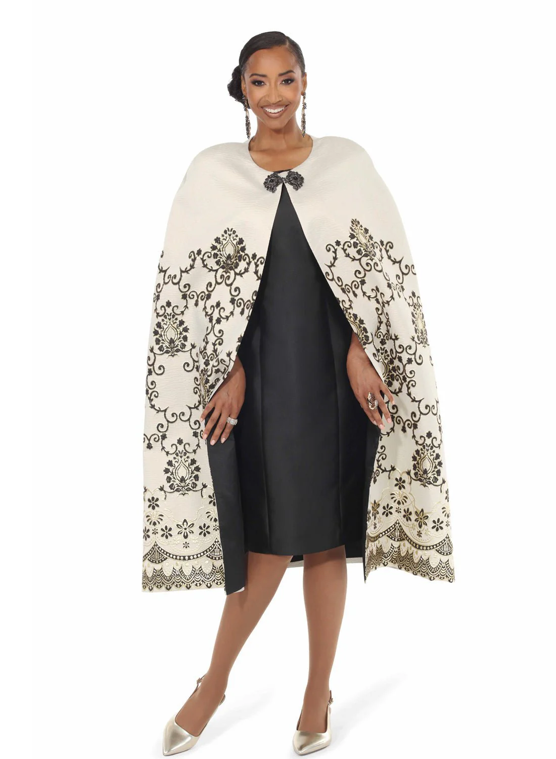 Champagne Embroidered Cape and Black Dress Set by Lisa Rene