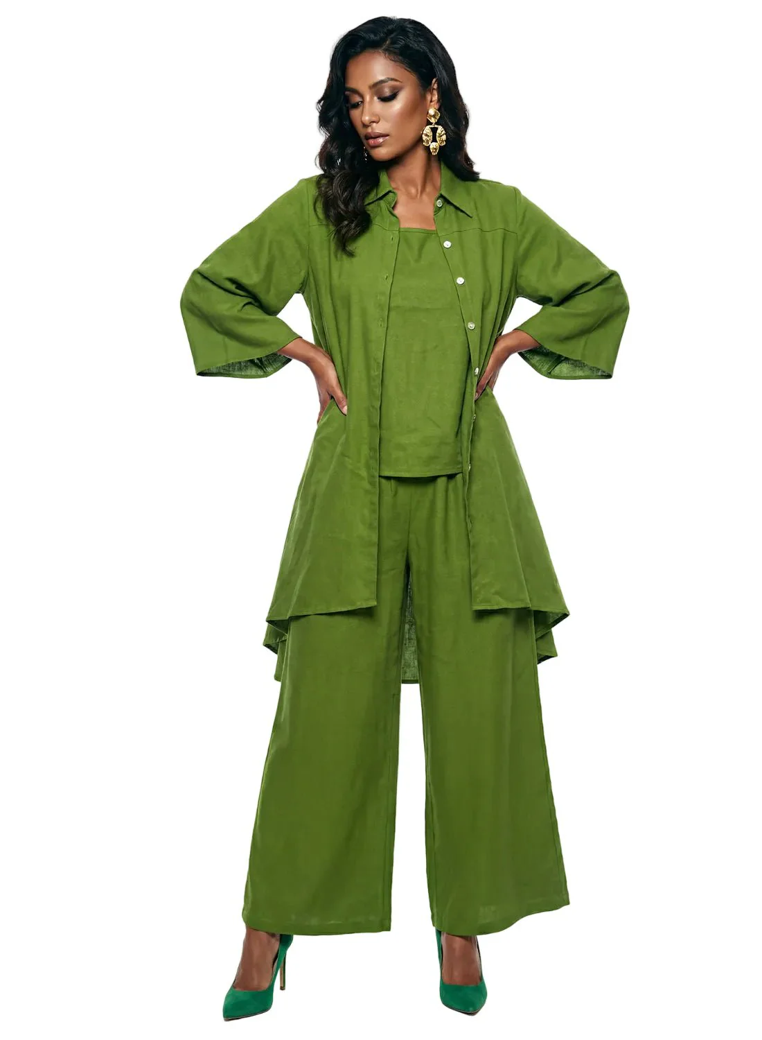 Linen 3 Piece Hi-Low Jacket Cami and Wide Leg Pant Set by Lisa Rene - Image 3