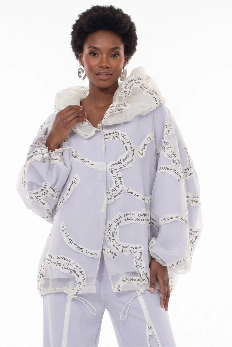 Script Print Sheer Hooded Tunic Jacket by Love The Queen - Image 2