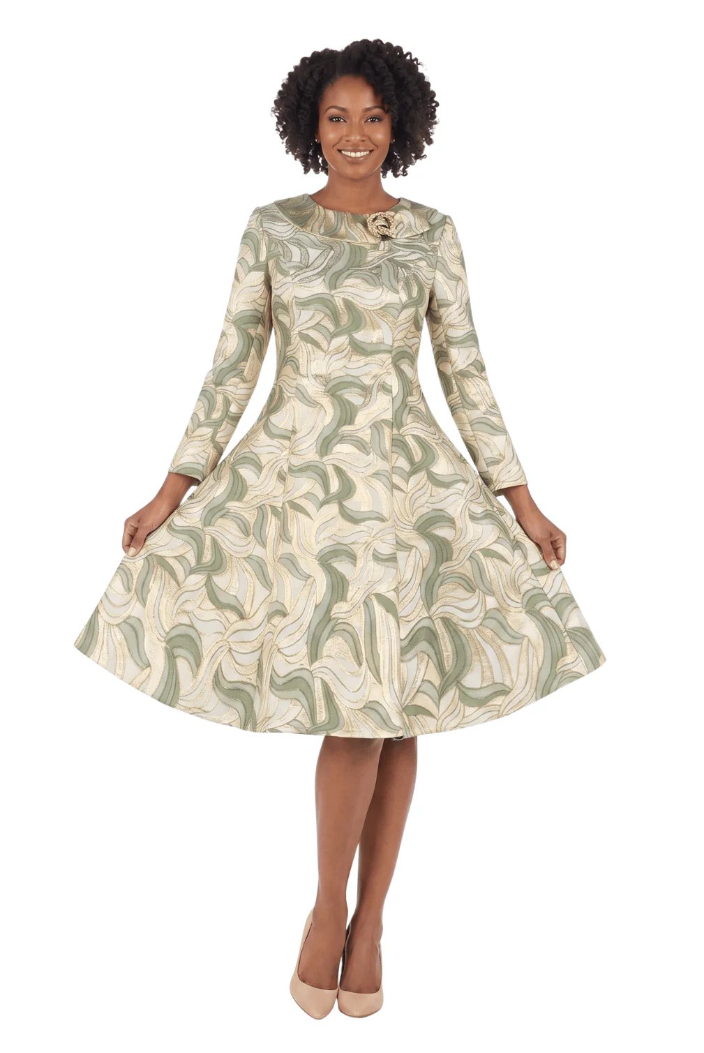 LS Brocade A-line Drs w/ Brooch-Plus