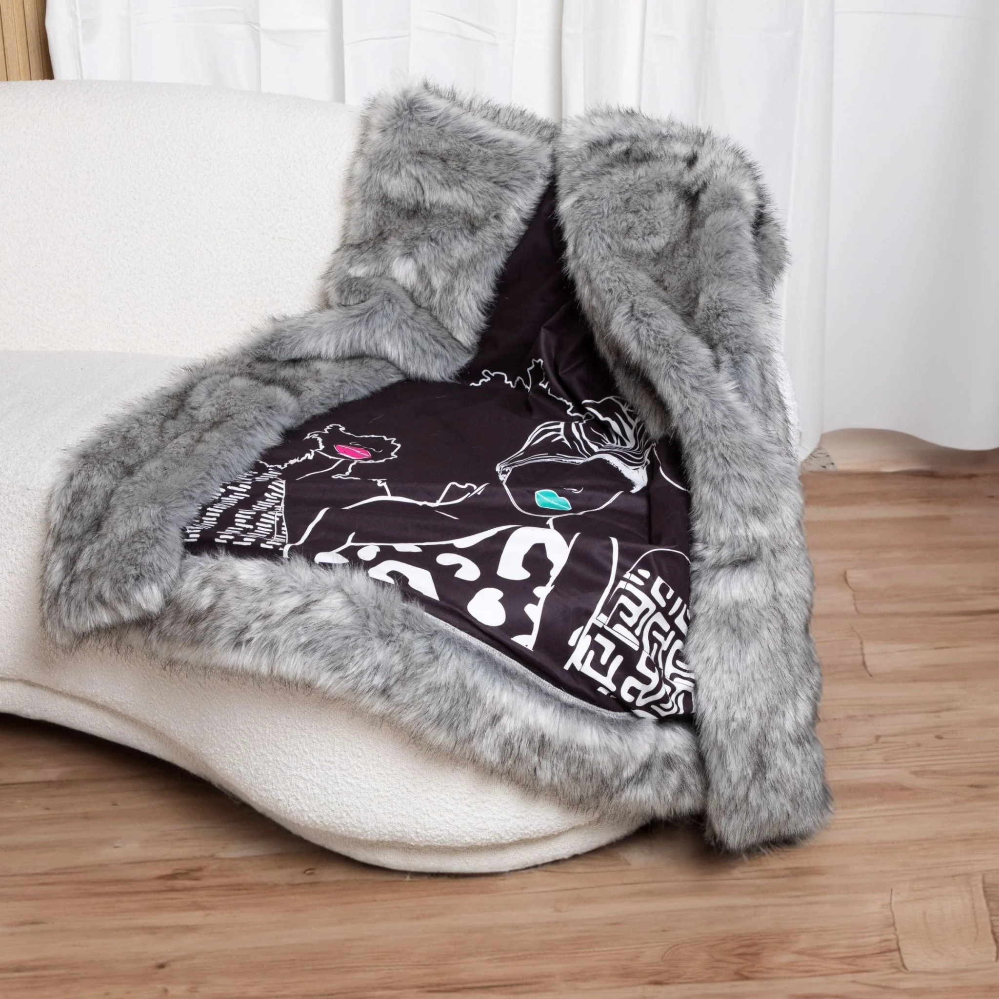 Mahogany Black & Gray Faux For Fur Throw Blanket