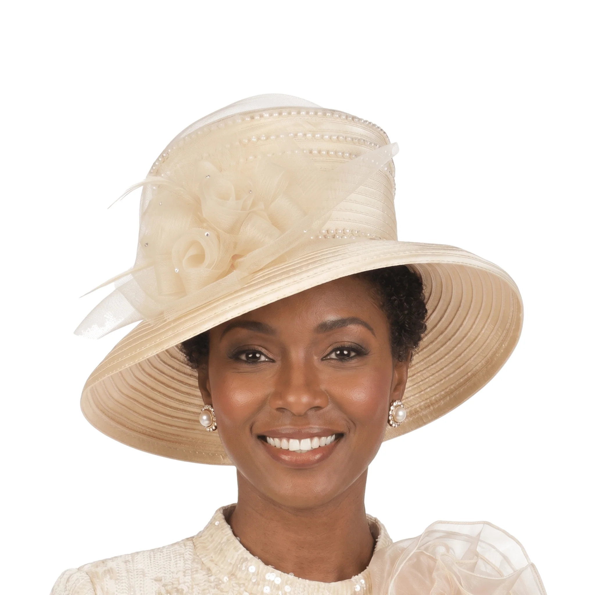 Medium Brim Satin Ribbon Hat w/ Mesh Flower - Image 2