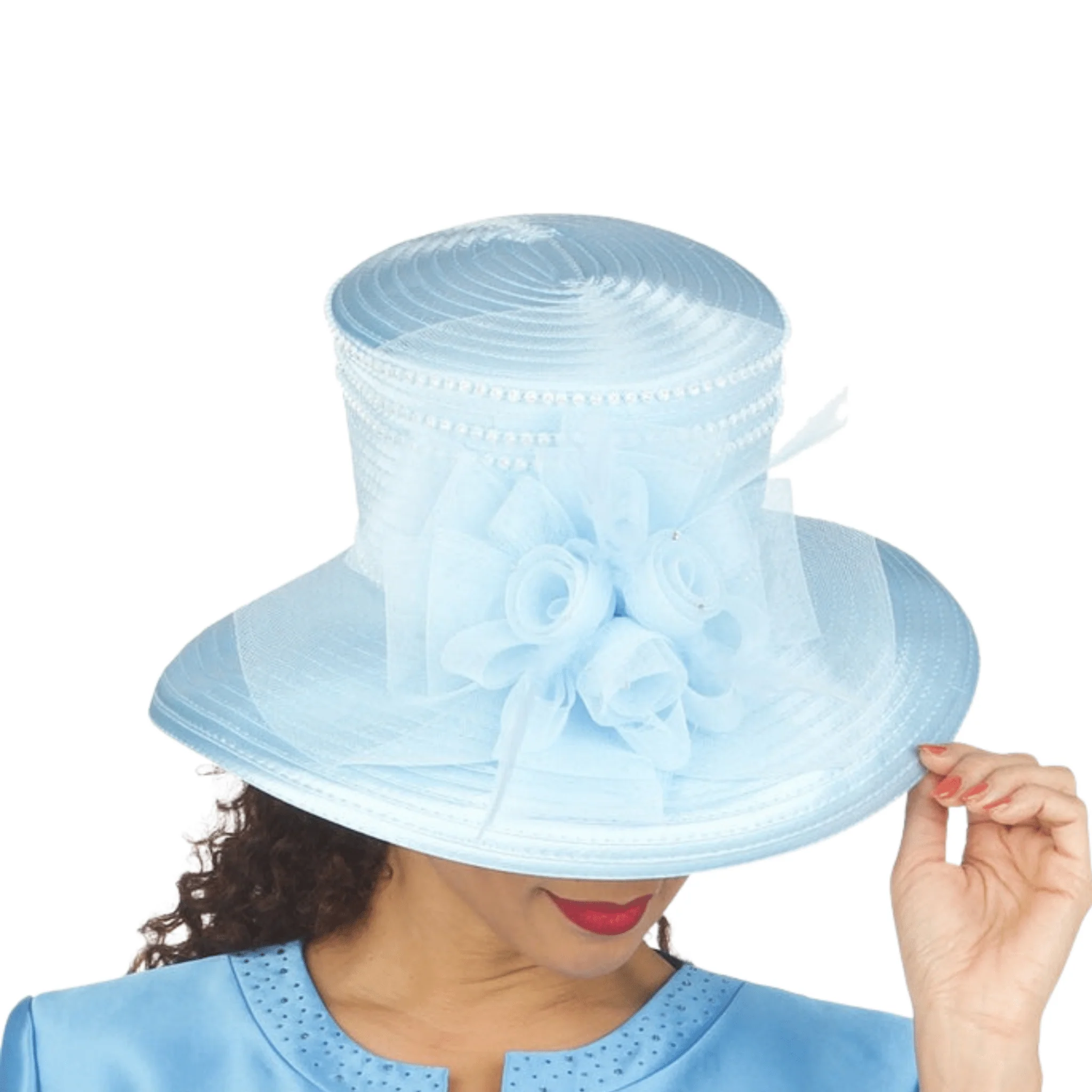 Medium Brim Satin Ribbon Hat w/ Mesh Flower - Image 3