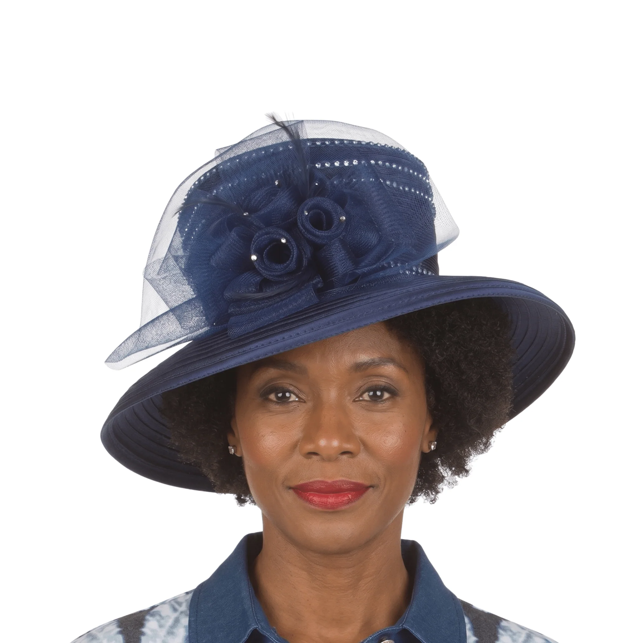 Medium Brim Satin Ribbon Hat w/ Mesh Flower - Image 4