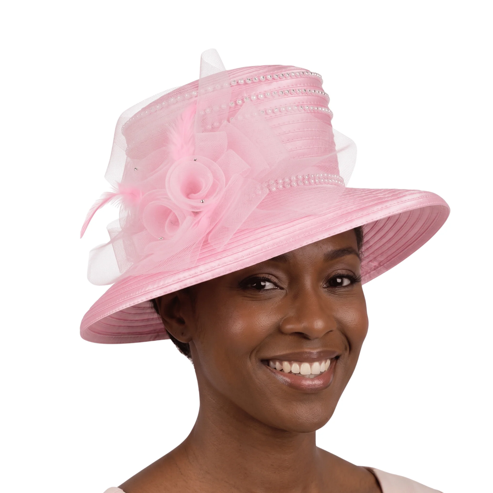 Medium Brim Satin Ribbon Hat w/ Mesh Flower - Image 5