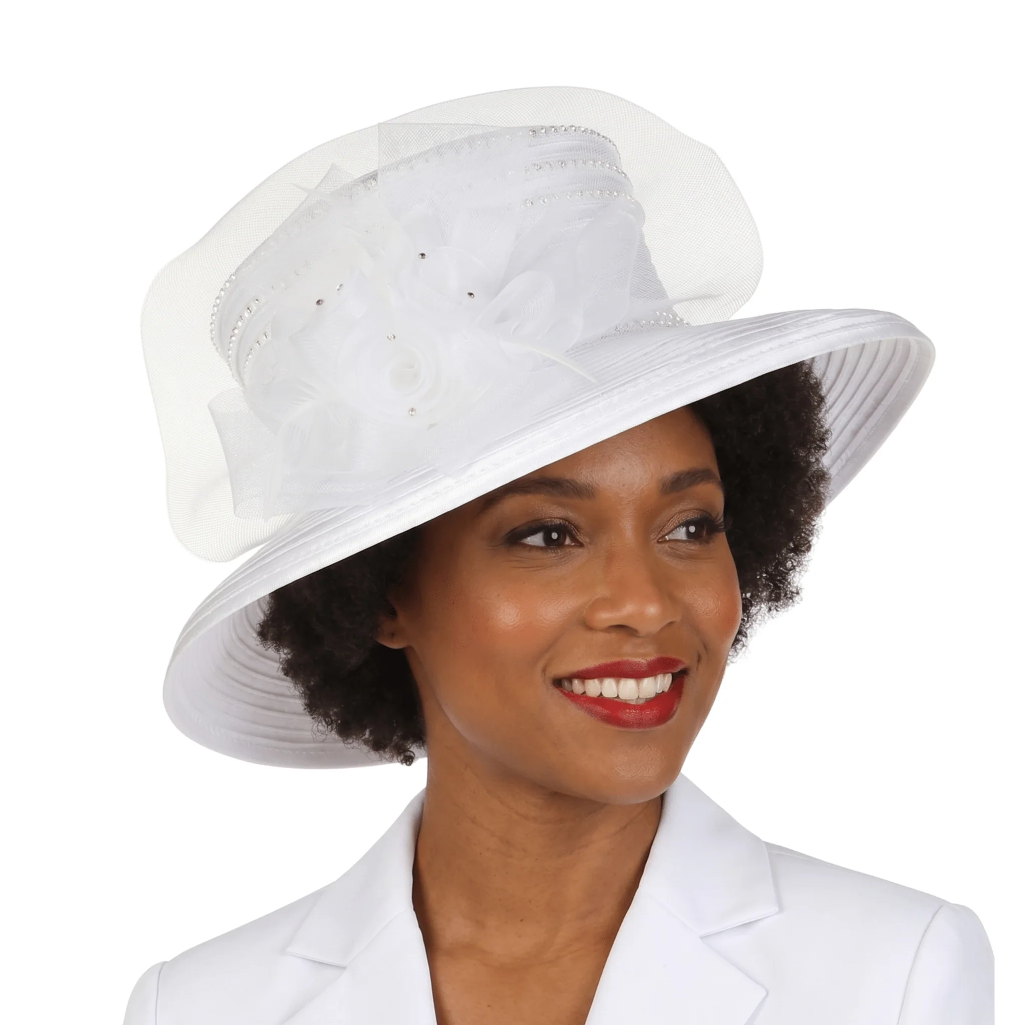 Medium Brim Satin Ribbon Hat w/ Mesh Flower - Image 6