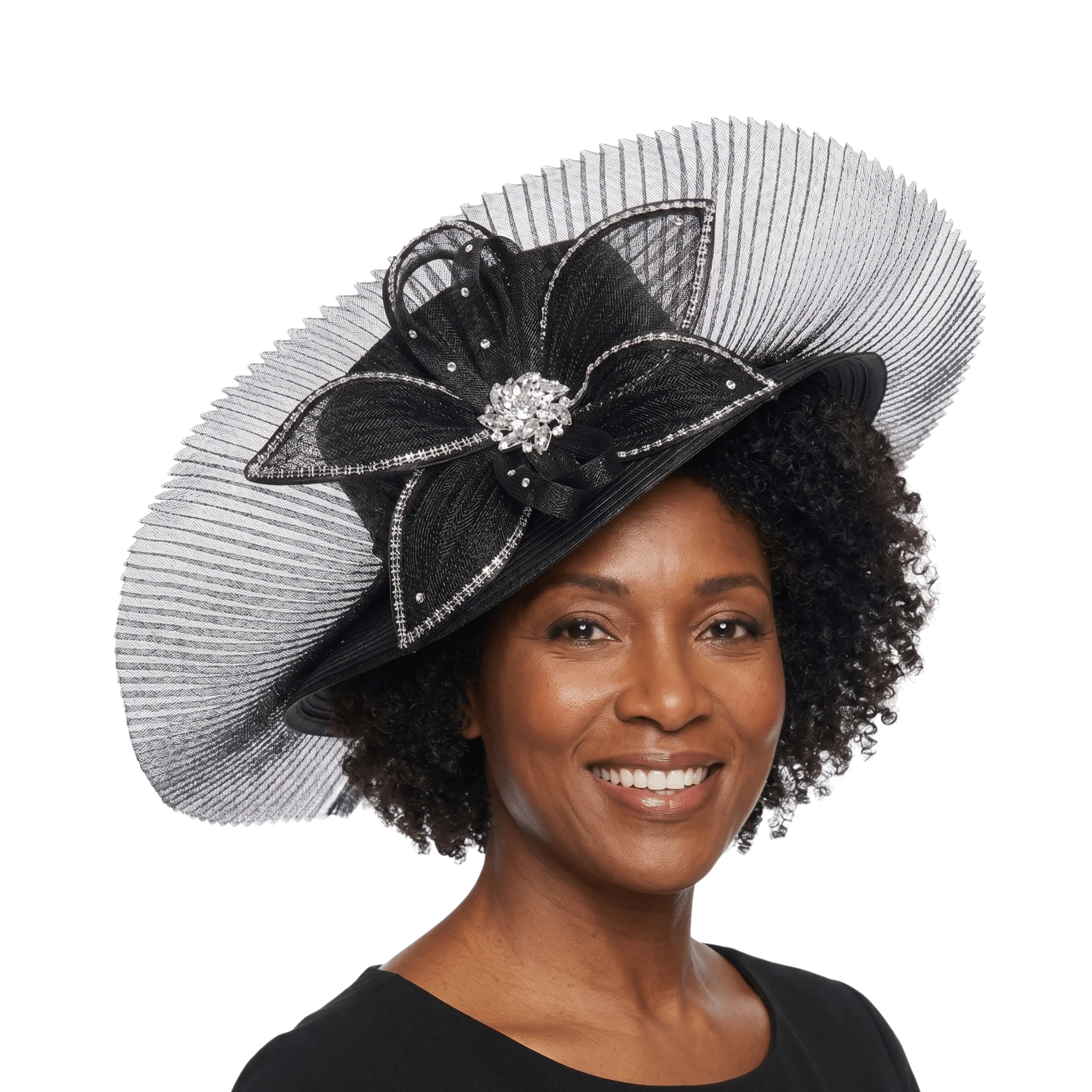 Medium Brim Stoned Hat w/ Flwr and Fan-shaped Veil - Image 3