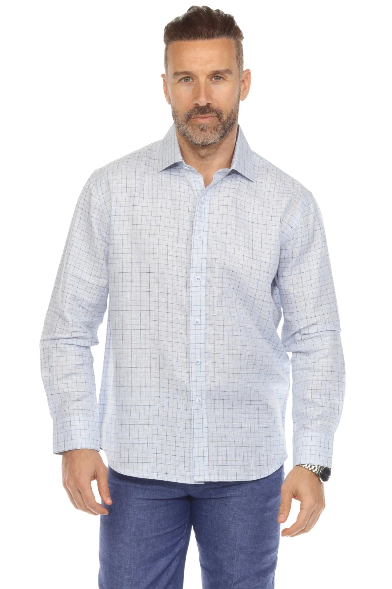 Men’s 100% Linen Long Sleeve Checkered Button-Down Shirt - Image 15