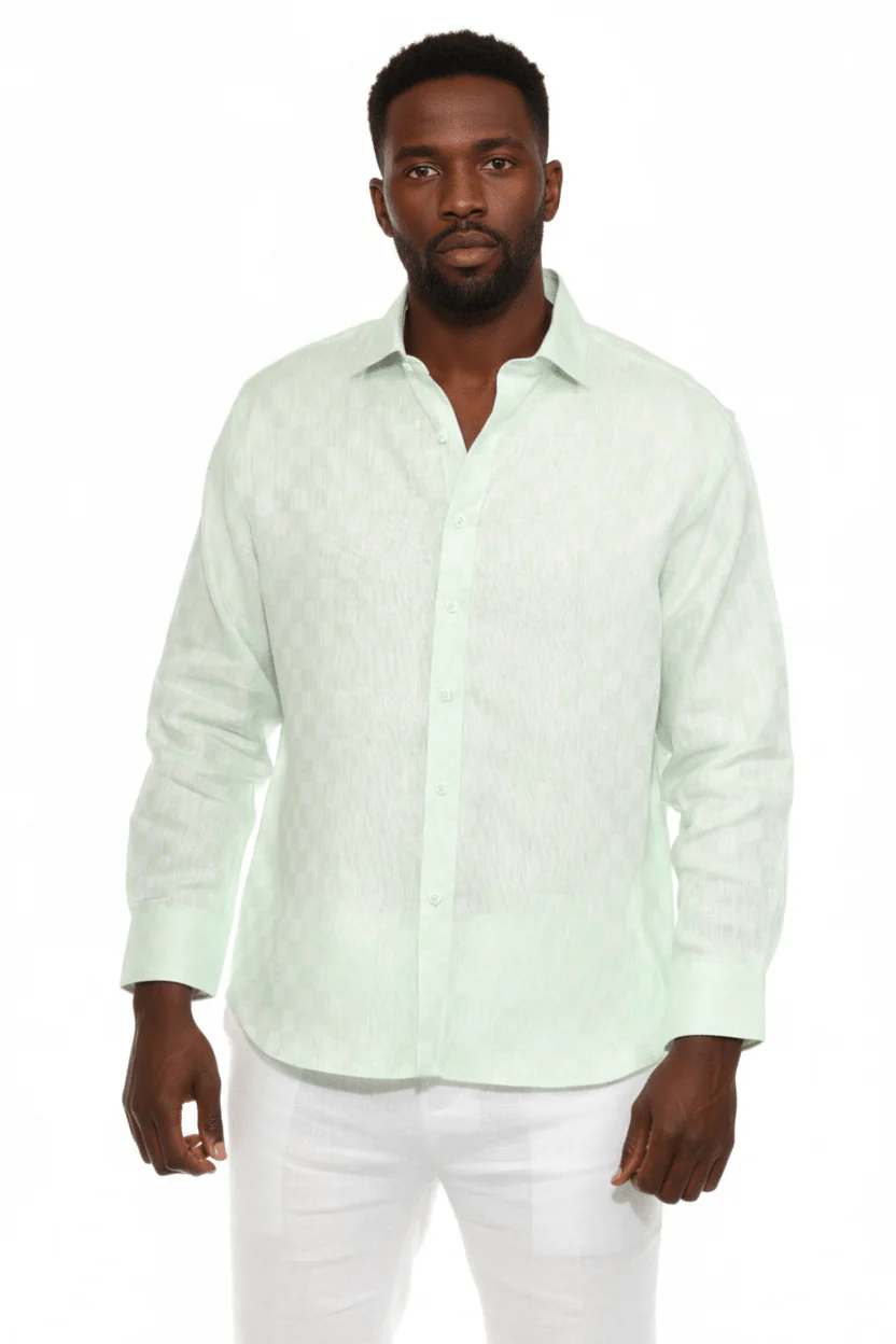 Men’s 100% Linen Long Sleeve Checkered Button-Down Shirt - Image 3