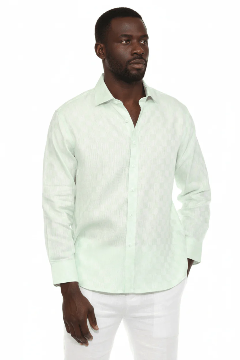 Men’s 100% Linen Long Sleeve Checkered Button-Down Shirt - Image 4