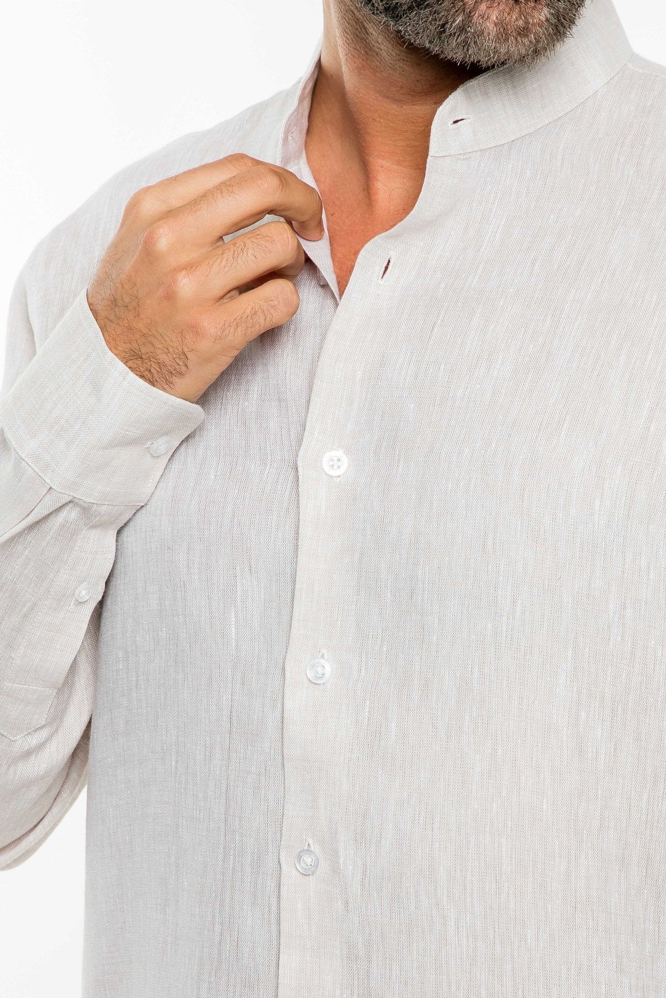 Men's 100% Linen Mandarin Collar Long Sleeve Shirt - Image 9