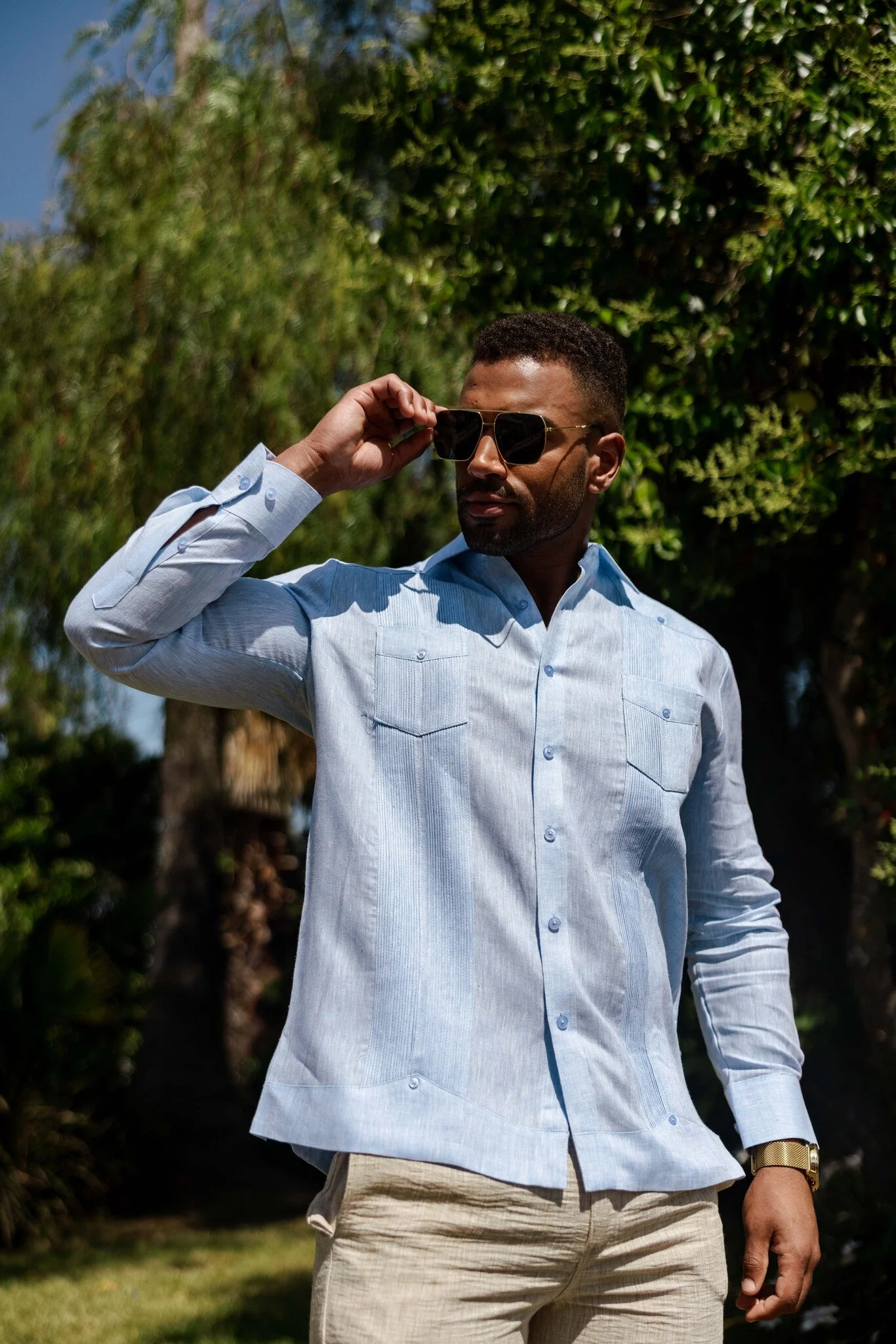 Men's 100% Linen Two-Pocket Design Guayabera Shirt Long Sleeve - Image 13
