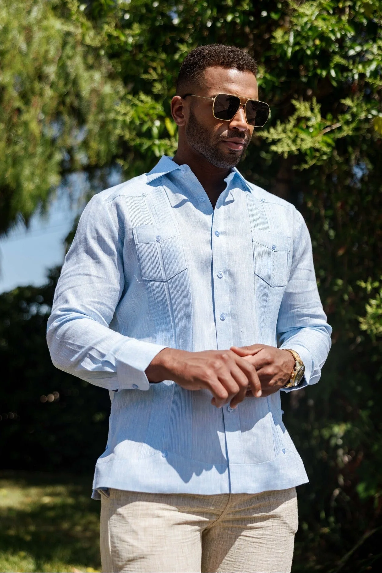 Men's 100% Linen Two-Pocket Design Guayabera Shirt Long Sleeve - Image 14