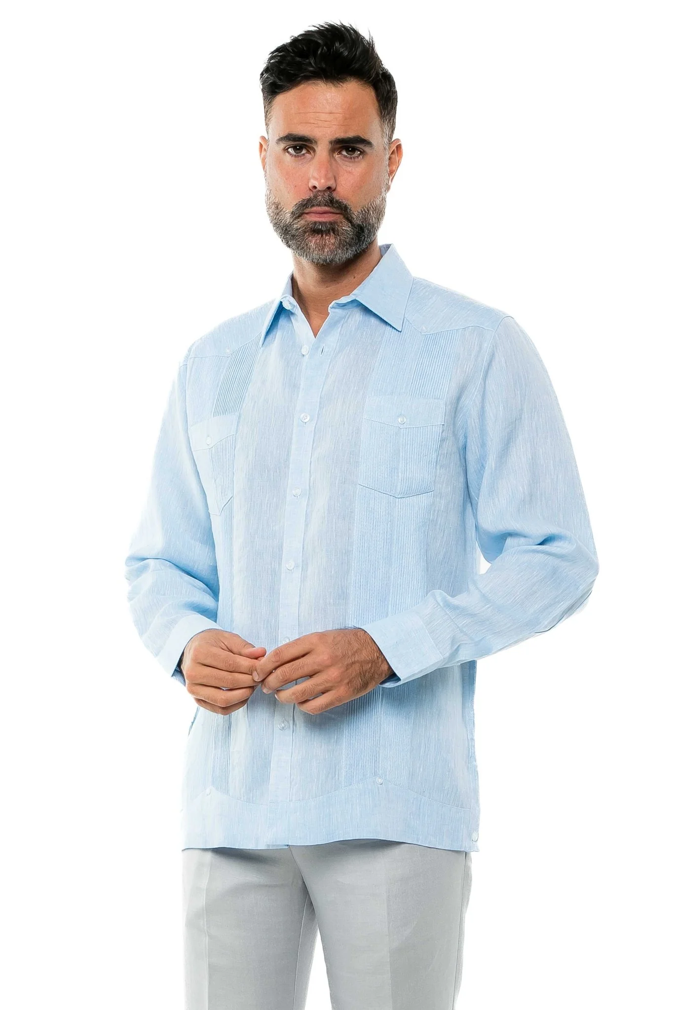 Men's 100% Linen Two-Pocket Design Guayabera Shirt Long Sleeve - Image 18