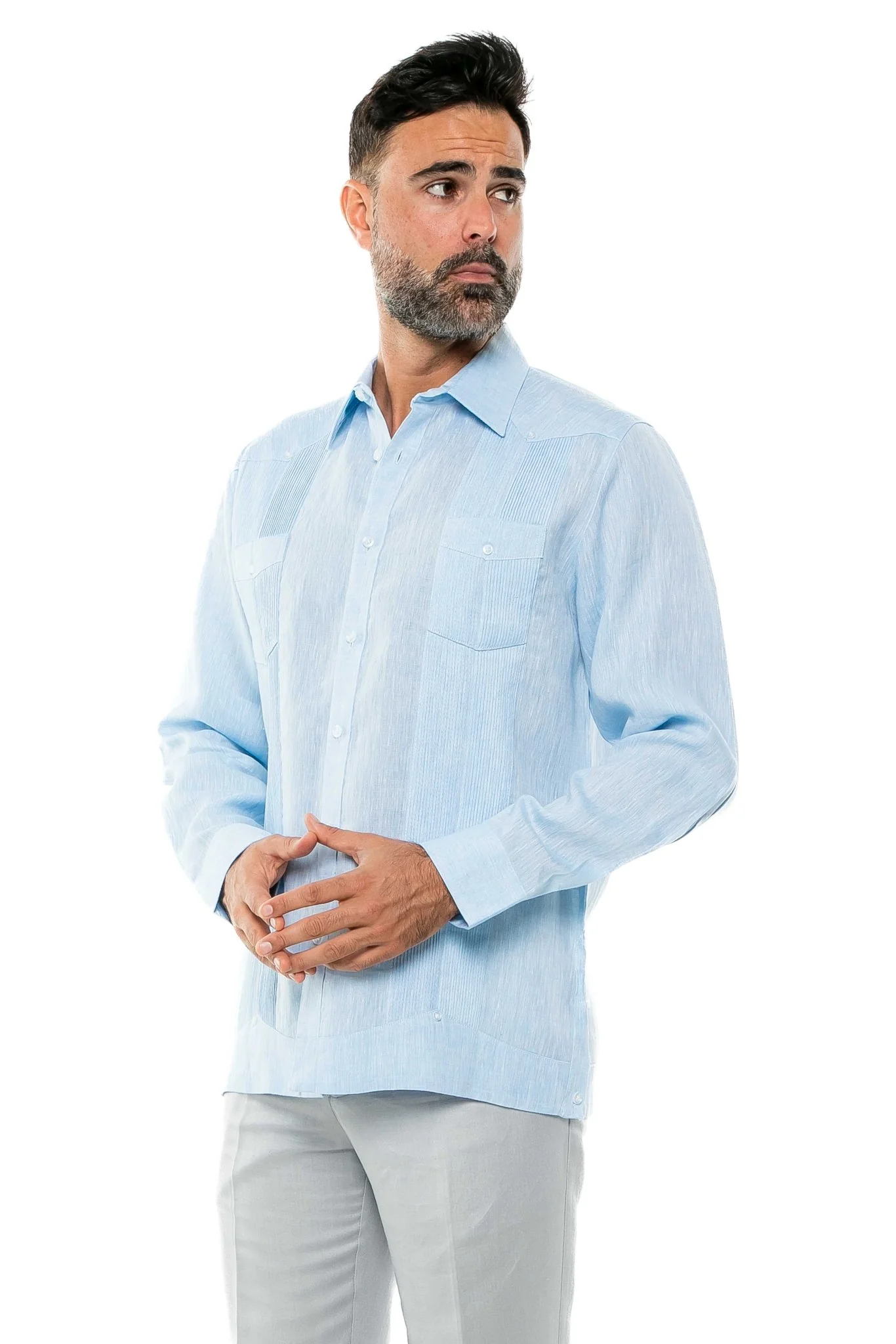 Men's 100% Linen Two-Pocket Design Guayabera Shirt Long Sleeve - Image 19