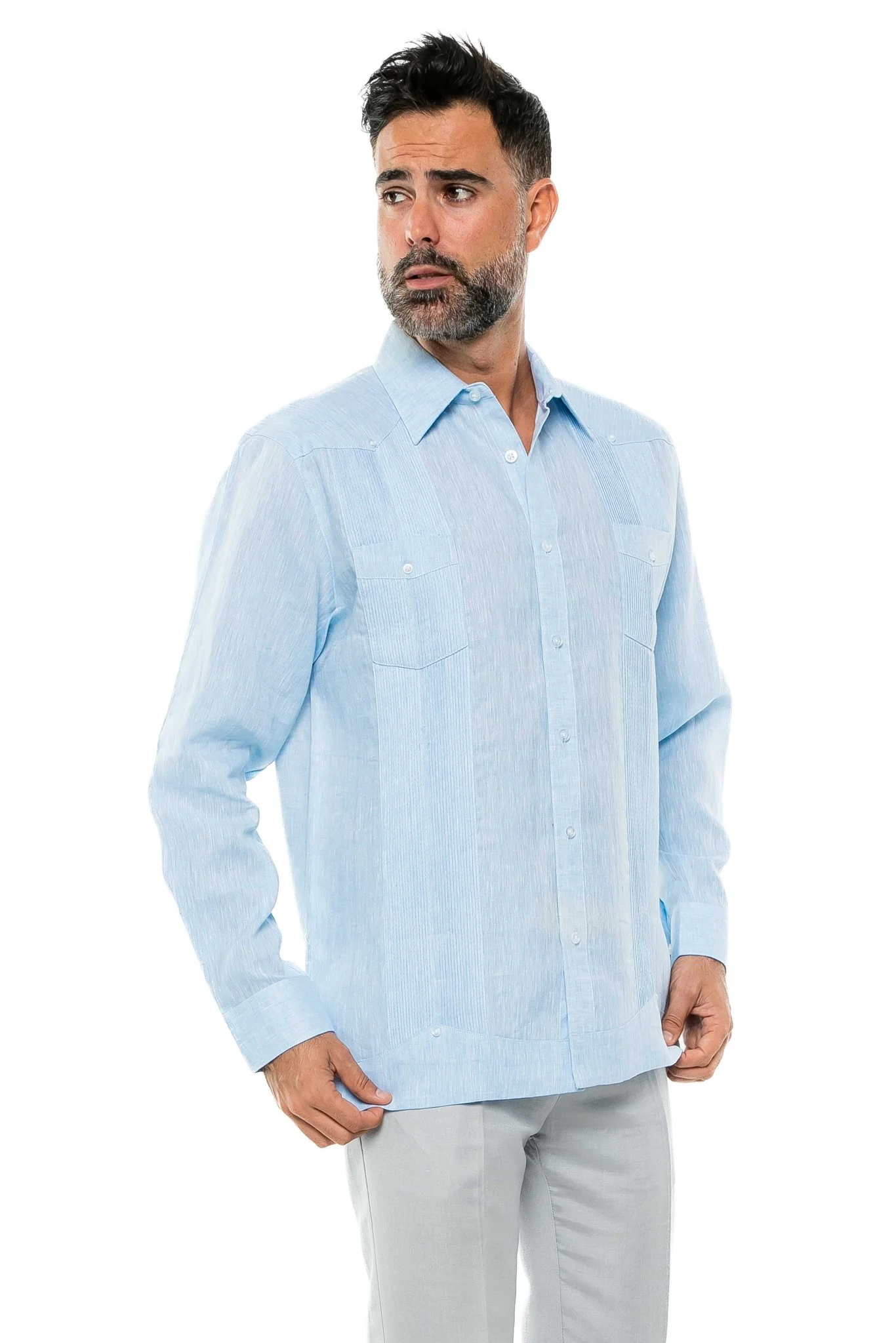 Men's 100% Linen Two-Pocket Design Guayabera Shirt Long Sleeve - Image 21