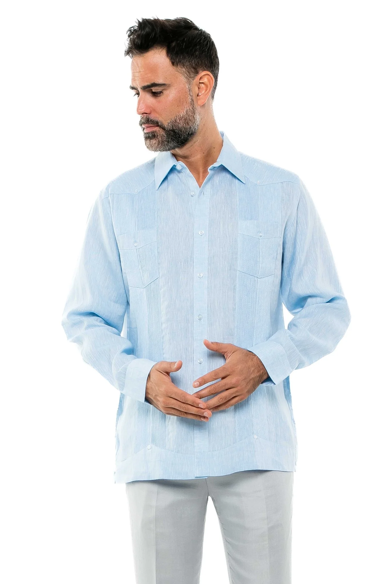 Men's 100% Linen Two-Pocket Design Guayabera Shirt Long Sleeve - Image 22