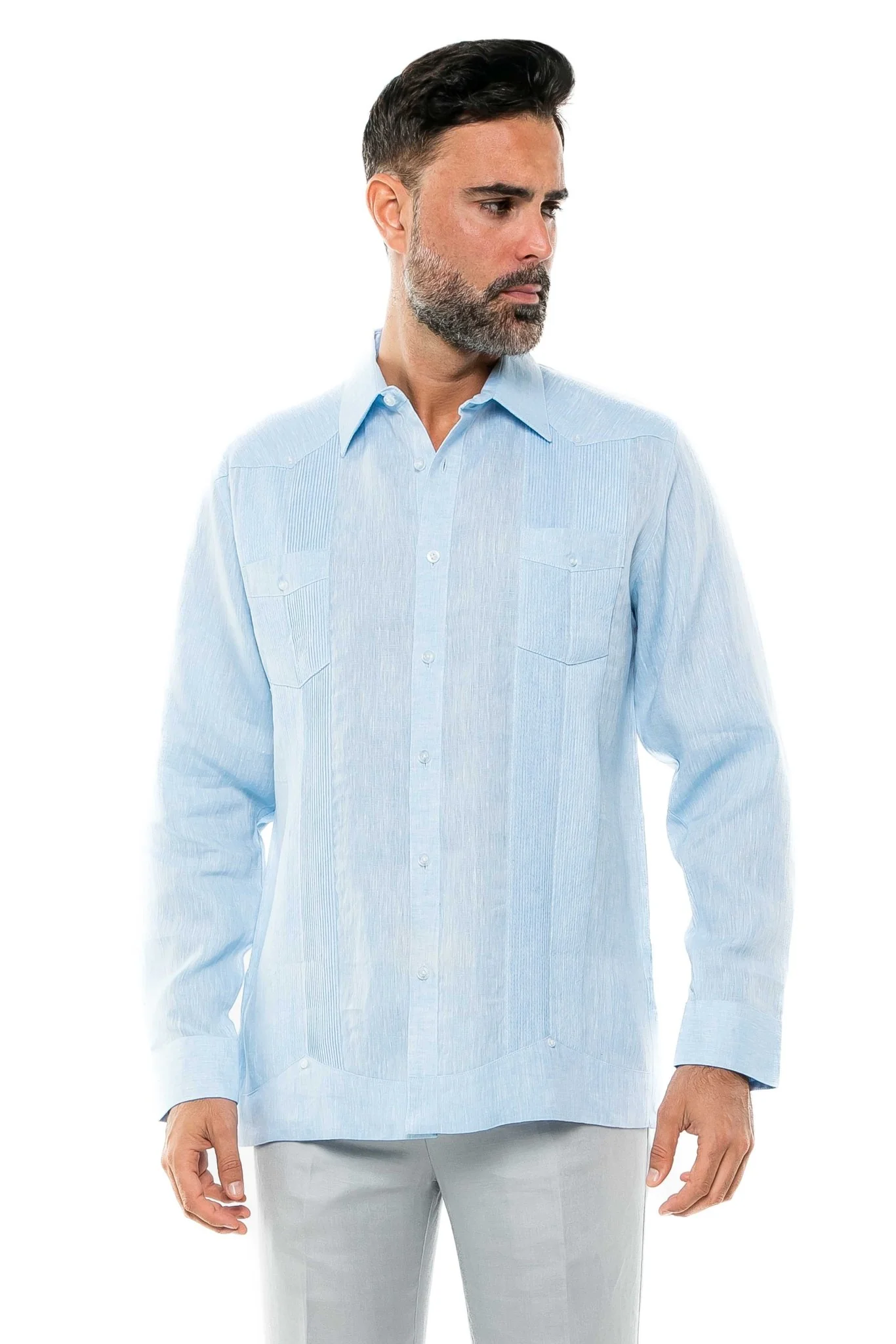 Men's 100% Linen Two-Pocket Design Guayabera Shirt Long Sleeve - Image 24