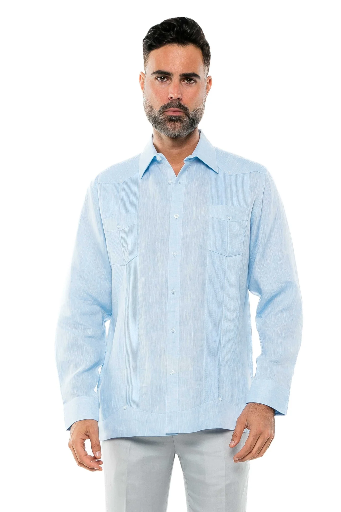 Men's 100% Linen Two-Pocket Design Guayabera Shirt Long Sleeve - Image 25