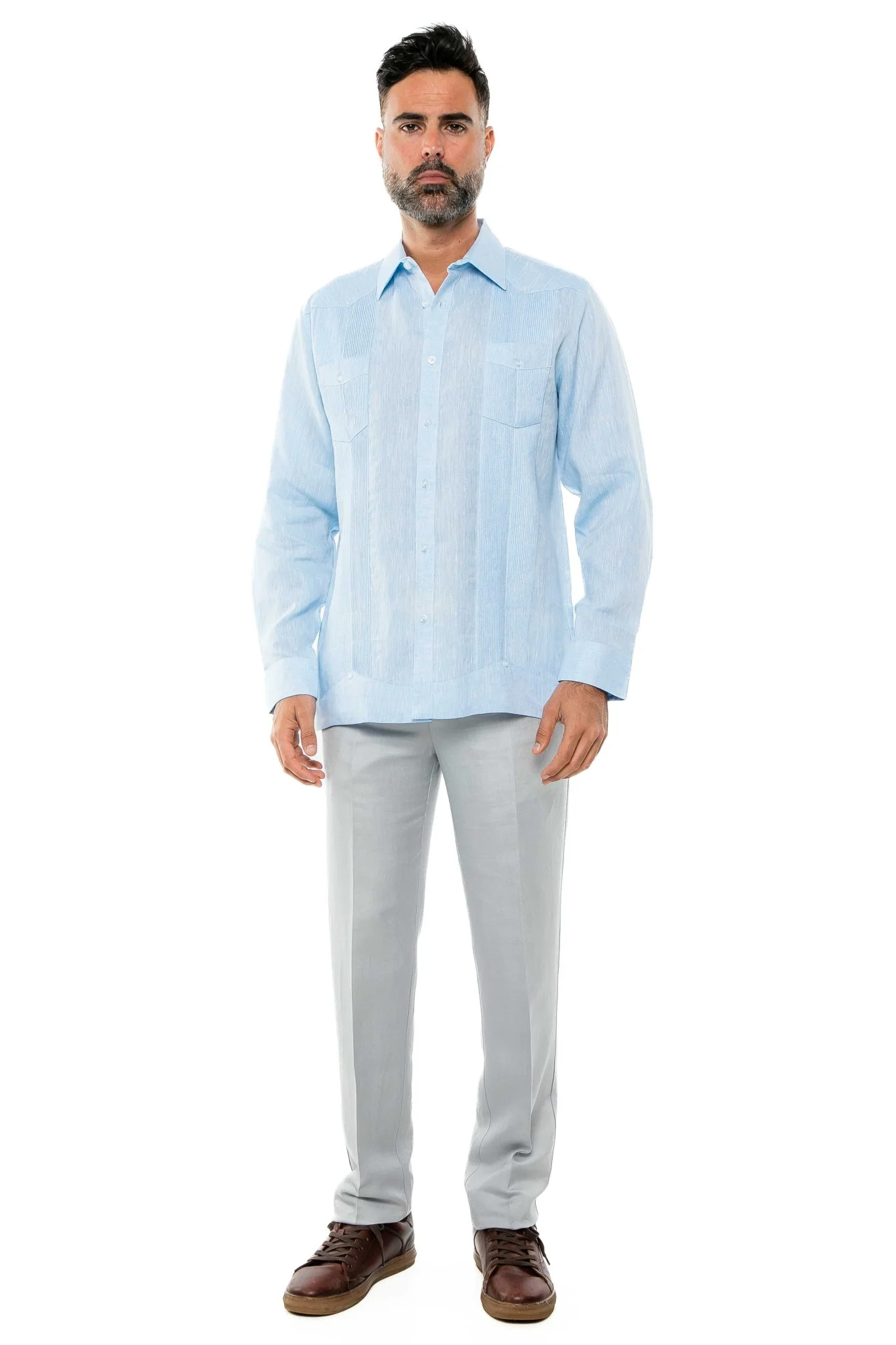 Men's 100% Linen Two-Pocket Design Guayabera Shirt Long Sleeve - Image 26