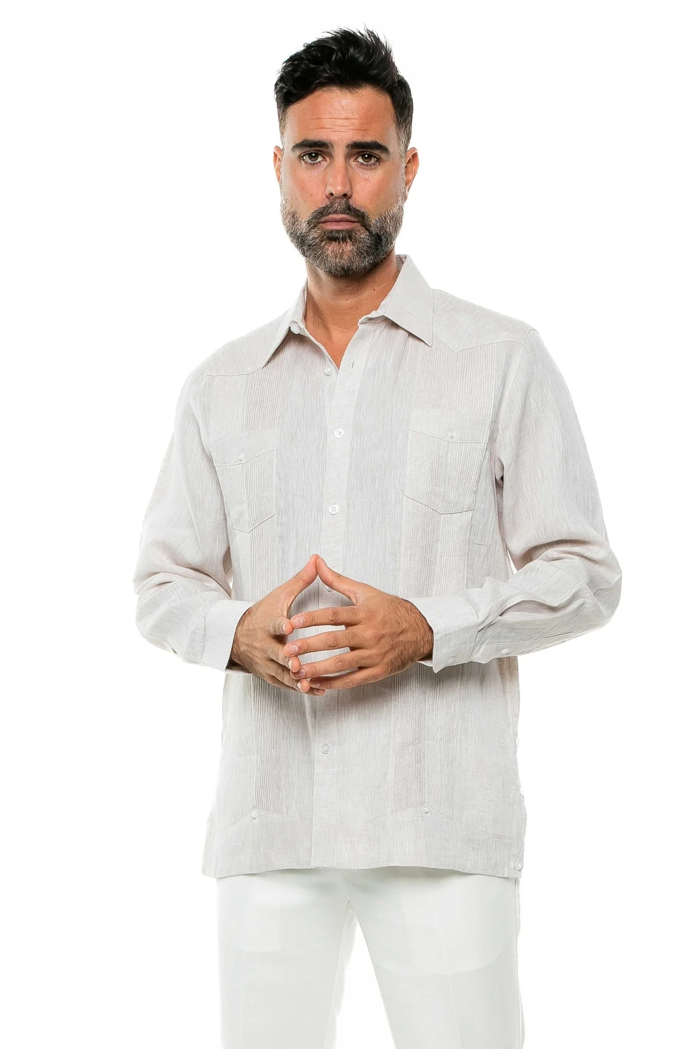 Men's 100% Linen Two-Pocket Design Guayabera Shirt Long Sleeve - Image 27